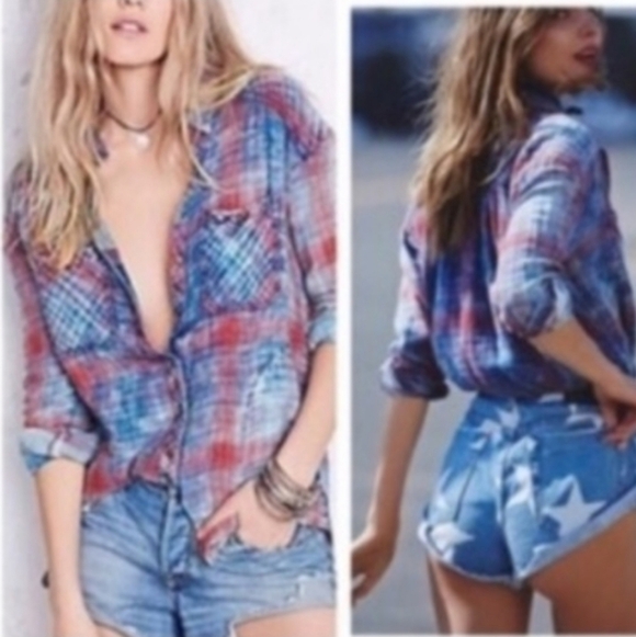 Free People Double Dip Dye Plaid Button Up Gauzy Cotton XS - Picture 8 of 16